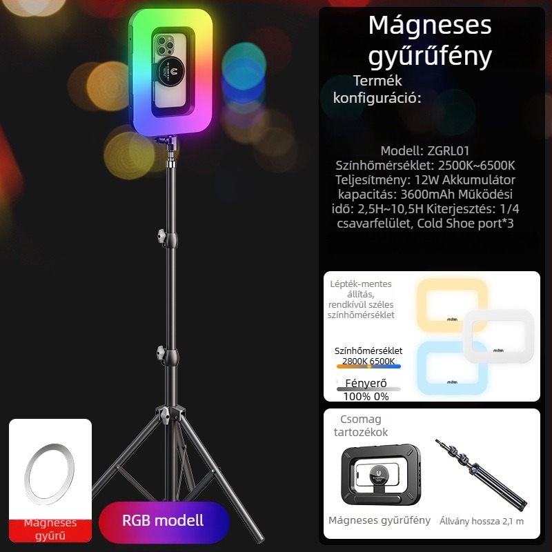 M-200rgb LED töltőfény — kézben tartható, beépített akkumulátor, 10–50W, 5V