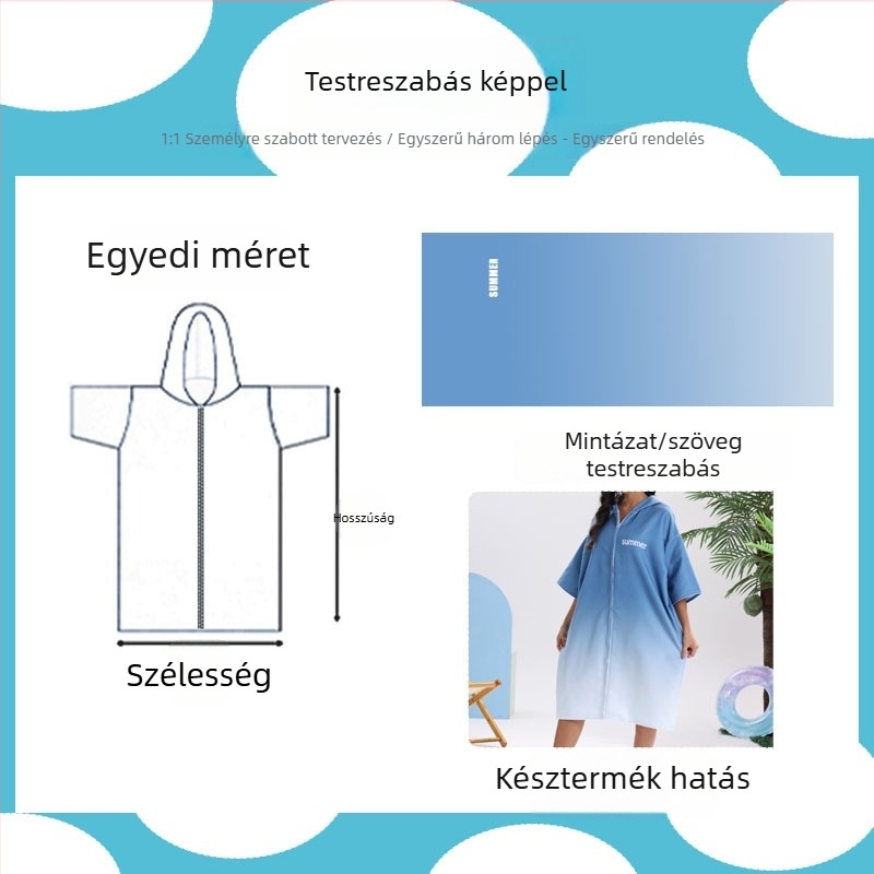Gyorsan száradó poncsó törölköző a szörfözéshez és az úszáshoz, uniszex fürdőköpeny, ultra-finom rostok, 300–400 g, 150d szál, nyomtatott gyártás, testreszabható