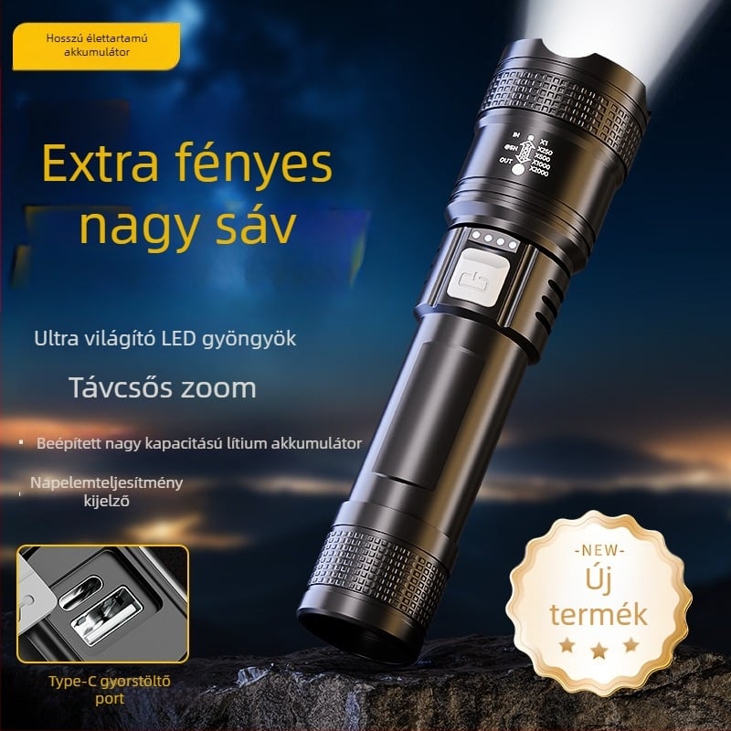 Újratölthető kültéri LED zseblámpa, 20W, beépített 18650-es akkumulátor, 100–200 m hatótávolság, kompakt, nagy teljesítményű.