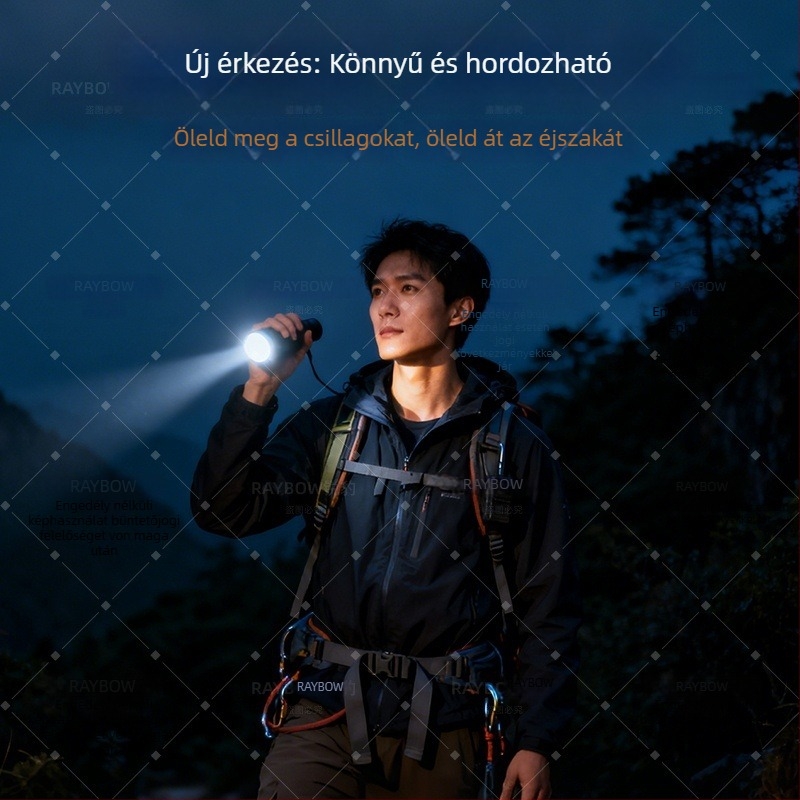 Újratölthető kültéri LED zseblámpa, 20W, beépített 18650-es akkumulátor, 100–200 m hatótávolság, kompakt, nagy teljesítményű.