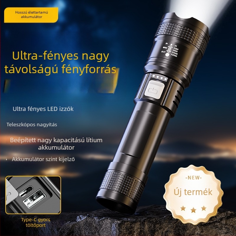 Újratölthető kültéri LED zseblámpa, 20W, beépített 18650-es akkumulátor, 100–200 m hatótávolság, kompakt, nagy teljesítményű.