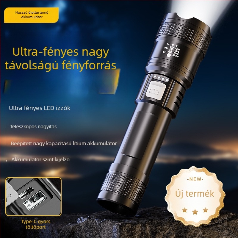 Újratölthető kültéri LED zseblámpa, 20W, beépített 18650-es akkumulátor, 100–200 m hatótávolság, kompakt, nagy teljesítményű.