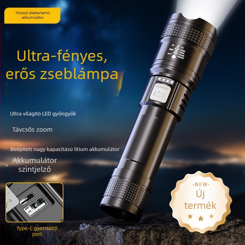 Újratölthető kültéri LED zseblámpa, 20W, beépített 18650-es akkumulátor, 100–200 m hatótávolság, kompakt, nagy teljesítményű.