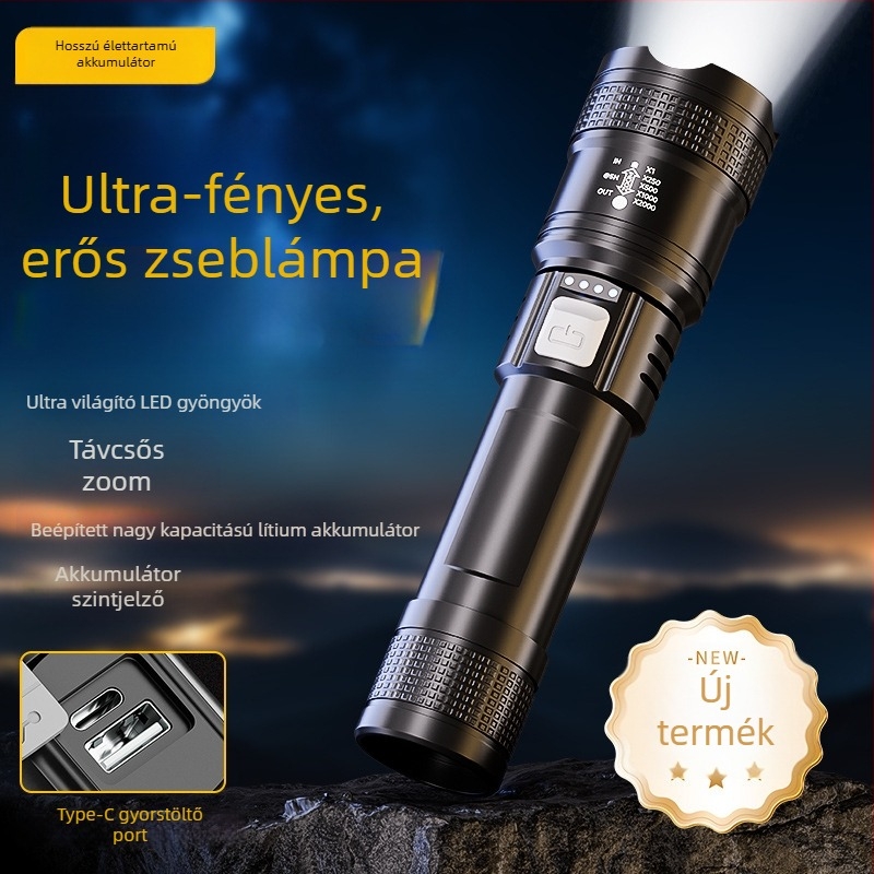 Újratölthető kültéri LED zseblámpa, 20W, beépített 18650-es akkumulátor, 100–200 m hatótávolság, kompakt, nagy teljesítményű.