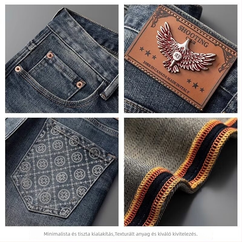 Férfi farmernadrág – Slim fit, egyenes szabás, pamut denim, mosott, négy évszakra
