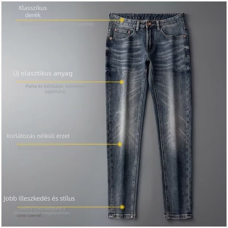 Férfi farmernadrág – Slim fit, egyenes szabás, pamut denim, mosott, négy évszakra