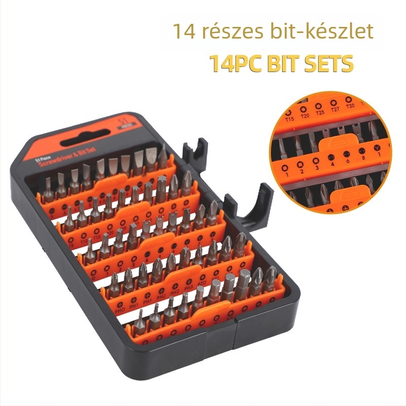 51 az 1-ben csavarhúzó bitkészlet — S2 ötvözet szerszámacél, mágneses, szigetelt, tömege 245 g, Fuyang márka