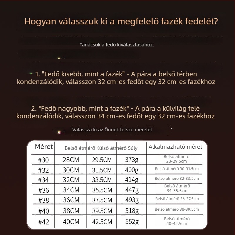 Rozsdamentes acél fazékfedő • Modell: rozsdamentes acél fedő • Tömeg: 0,4–0,6 kg • Márka: AKL • Testreszabás: Igen