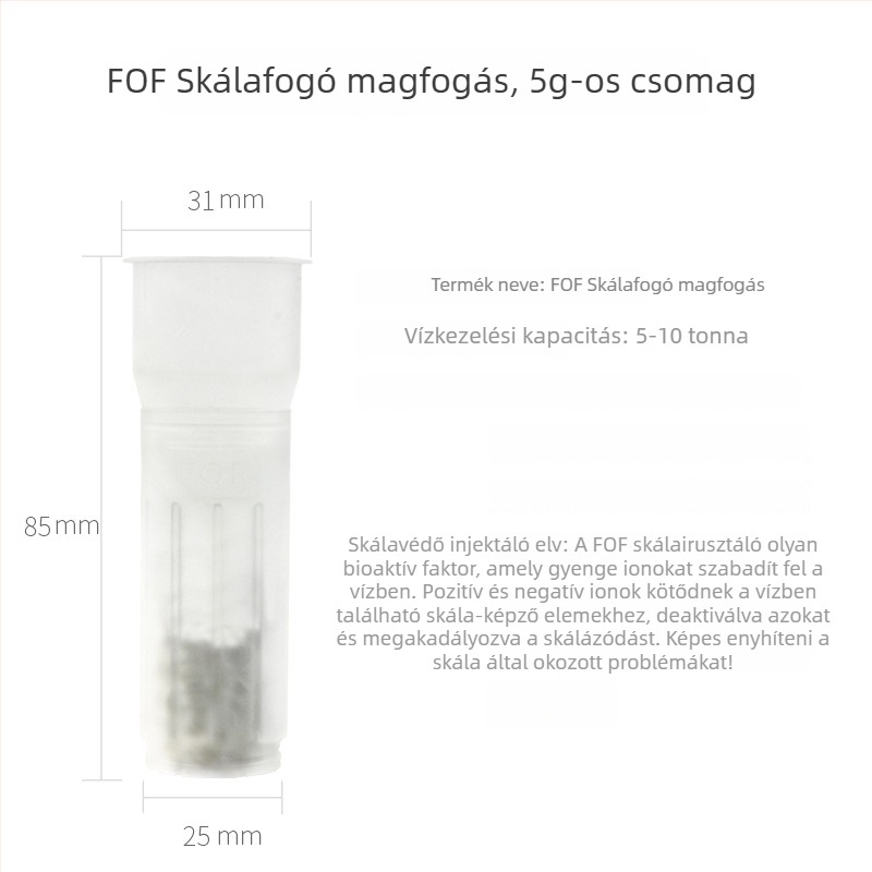 FOF skálamentesítő mag a frontszűrőhöz – foszformentes, kapacitás 5 g/10 g, középső nyílás helye, háztartási vízkezelők számára