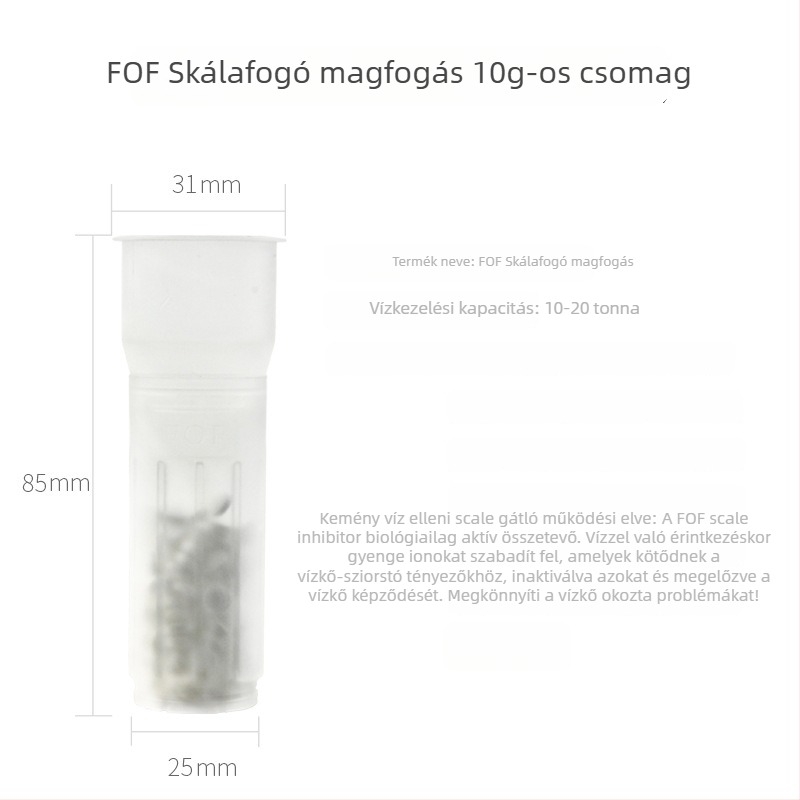 FOF skálamentesítő mag a frontszűrőhöz – foszformentes, kapacitás 5 g/10 g, középső nyílás helye, háztartási vízkezelők számára