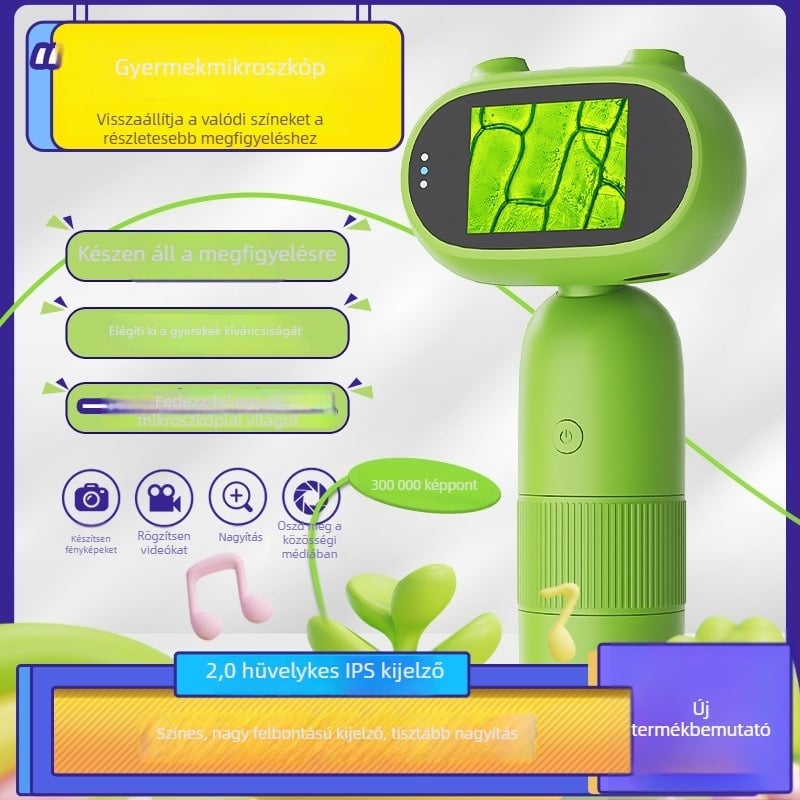Gyerekeknek szánt digitális elektronmikroszkóp kijelzővel, kézben tartható, hordozható, HD kijelző, rajzfilmszerű dizájn, tudományos és oktatási ajándék