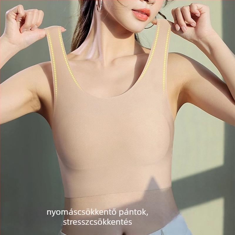 Egyszerű, varrat nélküli melltartó-vest, légáteresztő és kényelmes, rögzített dupla vállpántokkal, vékony formázott kosarakkal, pamut béléssel, anyag: nylon-spandex