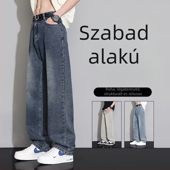 Férfi egyenes szabású denim nadrág, magas derék, patch díszítéssel, 70% pamut, nyári viselet