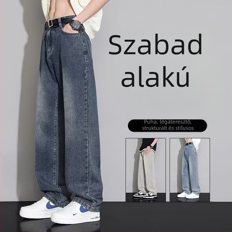 Férfi egyenes szabású denim nadrág, magas derék, patch díszítéssel, 70% pamut, nyári viselet