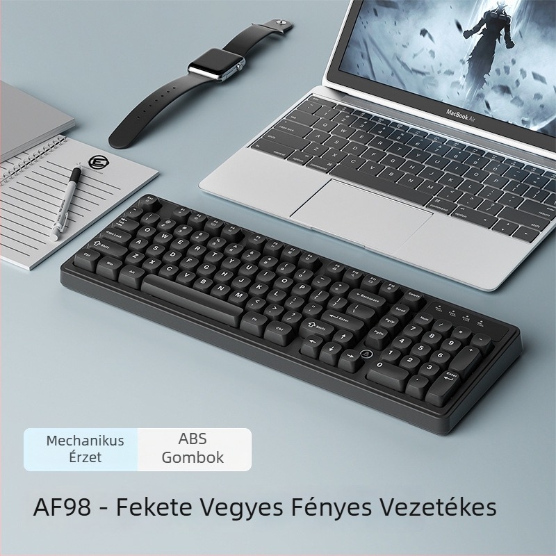 AF98 membrán billentyűzet 88–98 billentyűvel, RGB háttérvilágítás, három üzemmódú kapcsolódás (Bluetooth, USB-C kábel, 2.4G vezeték nélküli), vízálló, ABS ház.