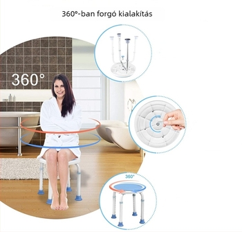 360°-os forgó zuhanyzó szék, magasságban állítható, kör alakú fürdőszobai ülőke, oxidált felülettel