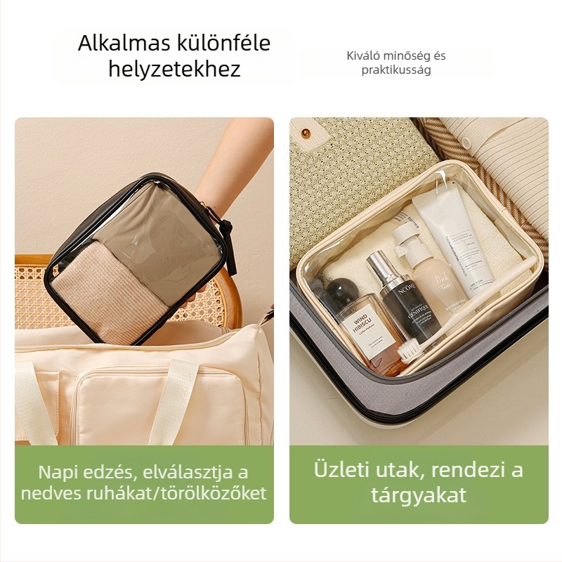 Sminktáska, átlátszó PVC-kocka alakú, többfunkciós utazáshoz és smink tárolásához (PVC anyag; kocka alak; többfunkciós; smink tárolás)