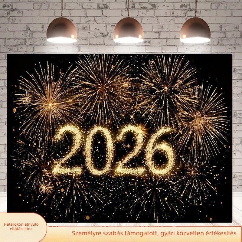 2026-os újévi hátteret ábrázoló banner arany csillogással és tűzijátékkal – poliészter anyag, zászlórúd nélkül, logónyomás nem lehetséges, csomagolás: Opp bag