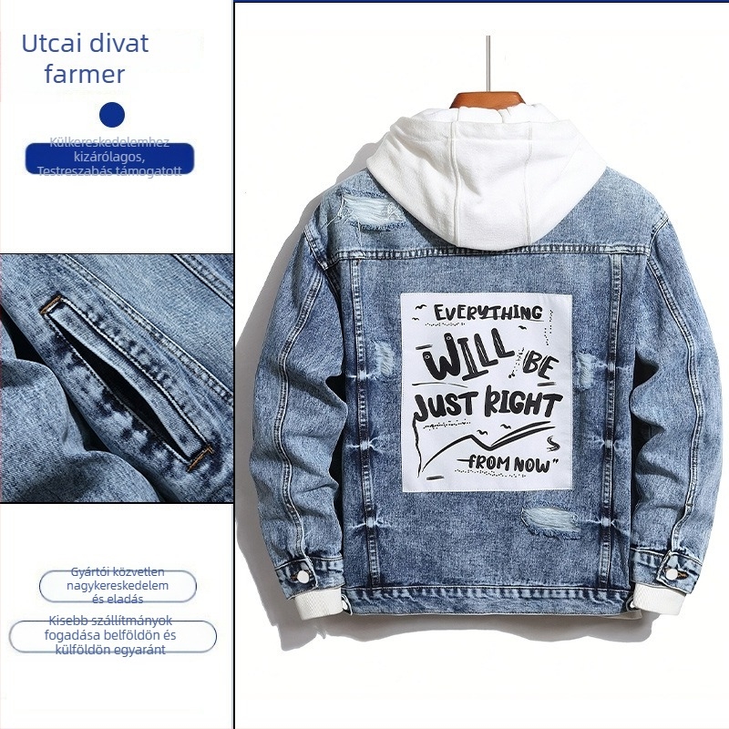 Férfi denim dzseki kapucnival, karcsú szabás, egy sor gombos zárás, 76% pamut, oldalsó zsebek, tavasz–ősz 2025