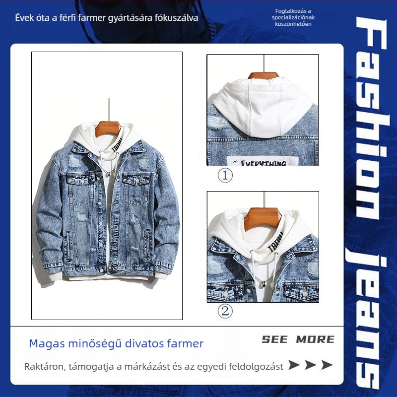 Férfi denim dzseki kapucnival, karcsú szabás, egy sor gombos zárás, 76% pamut, oldalsó zsebek, tavasz–ősz 2025