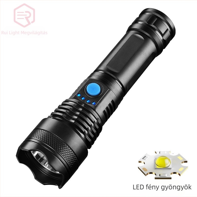 LED elemlámpa USB töltéssel, 10W, 1200mAh, 100-200m tartományú fénysugár, 360° forgás