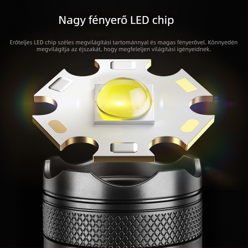 LED elemlámpa USB töltéssel, 10W, 1200mAh, 100-200m tartományú fénysugár, 360° forgás