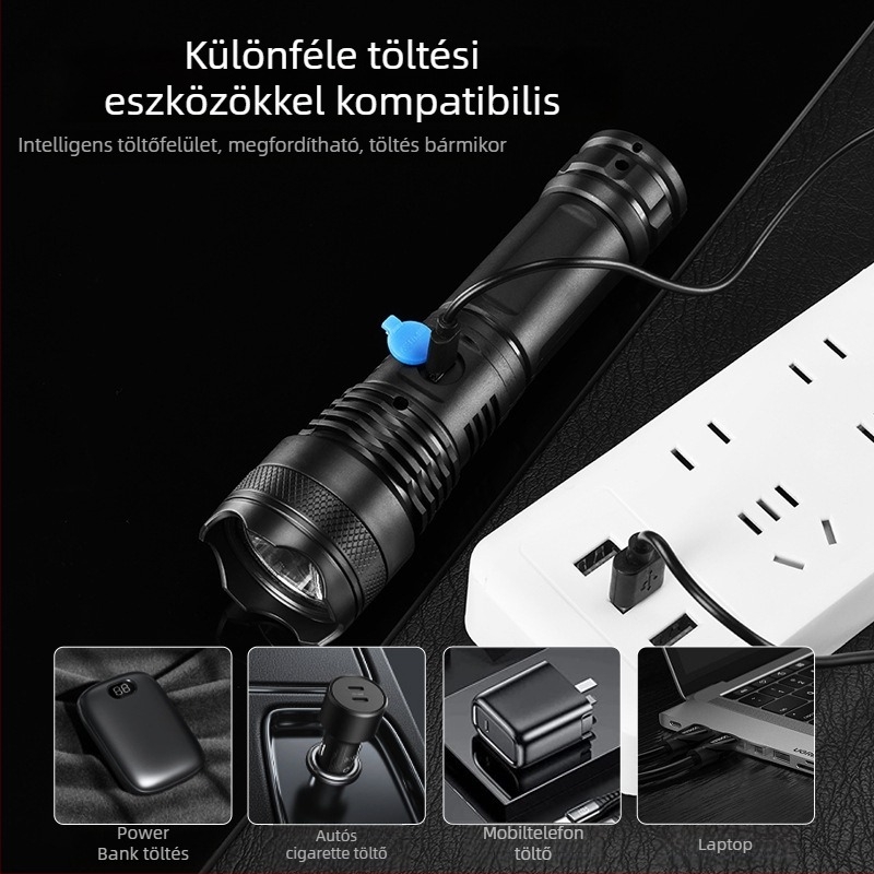 LED elemlámpa USB töltéssel, 10W, 1200mAh, 100-200m tartományú fénysugár, 360° forgás