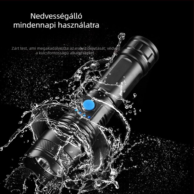 LED elemlámpa USB töltéssel, 10W, 1200mAh, 100-200m tartományú fénysugár, 360° forgás