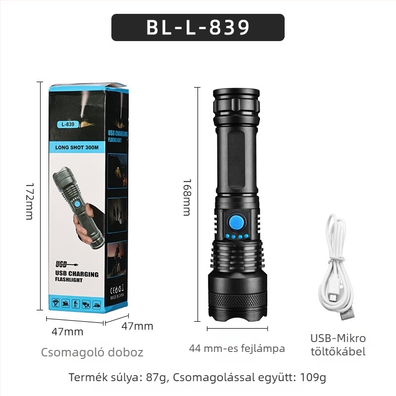 LED elemlámpa USB töltéssel, 10W, 1200mAh, 100-200m tartományú fénysugár, 360° forgás