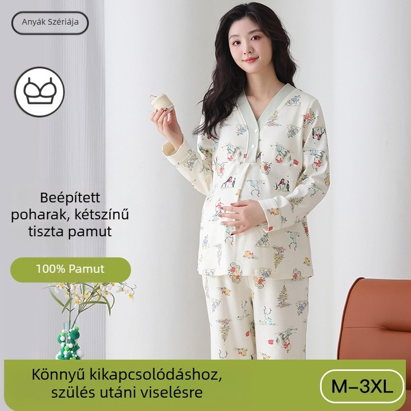 Anyai szoptatós pizsamaszett, 100% pamut, vékony őszi stílus, 7A antibakteriális, mellkas alátámasztással, V-nyakú, hosszú ujjú, nadrág