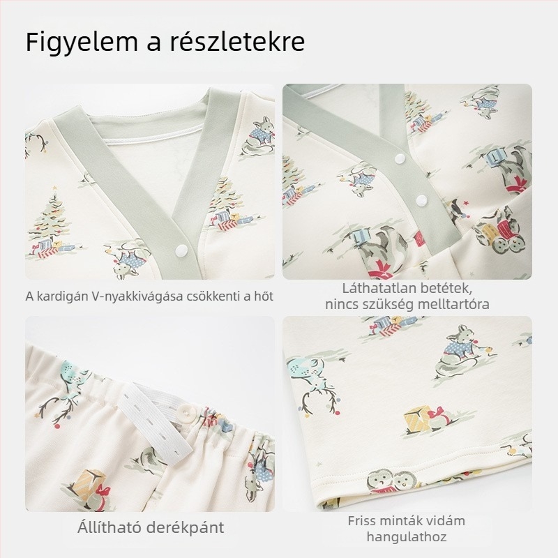 Anyai szoptatós pizsamaszett, 100% pamut, vékony őszi stílus, 7A antibakteriális, mellkas alátámasztással, V-nyakú, hosszú ujjú, nadrág