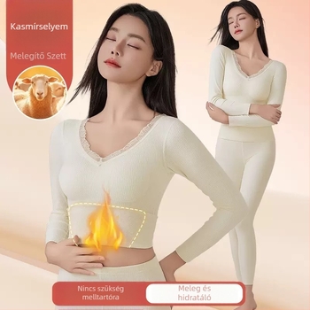 Női termál felső- és alsó szett beépített melltartó betéttel, vast poliészter anyag, V-nyak, hosszú ujjú felső és nadrág (polIészter; beépített melltartó betét; V-nyak; vastag anyag)