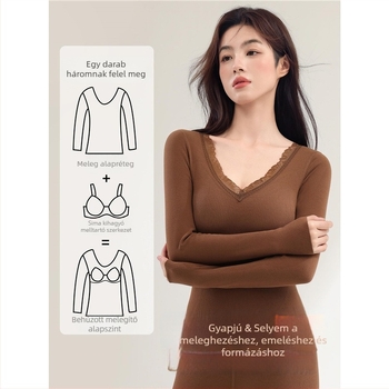 Női termál felső- és alsó szett beépített melltartó betéttel, vast poliészter anyag, V-nyak, hosszú ujjú felső és nadrág (polIészter; beépített melltartó betét; V-nyak; vastag anyag)