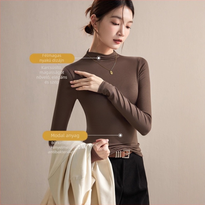 Női slim fit felső magas gallérral, hosszú ujjú, pulóver-stílus; modal-viskóz keverék spandex <30%