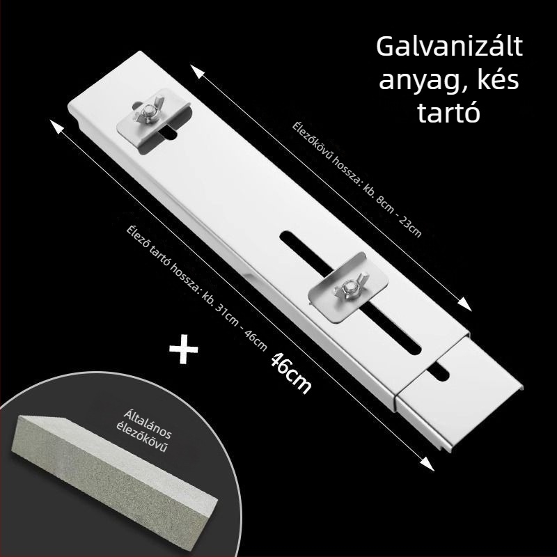 Rozsdamentes acélból készült késélező állvány, alapként szolgáló élező kővel, állítható, fix, extravastag konstrukció