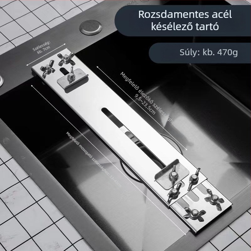 Rozsdamentes acélból készült késélező állvány, alapként szolgáló élező kővel, állítható, fix, extravastag konstrukció