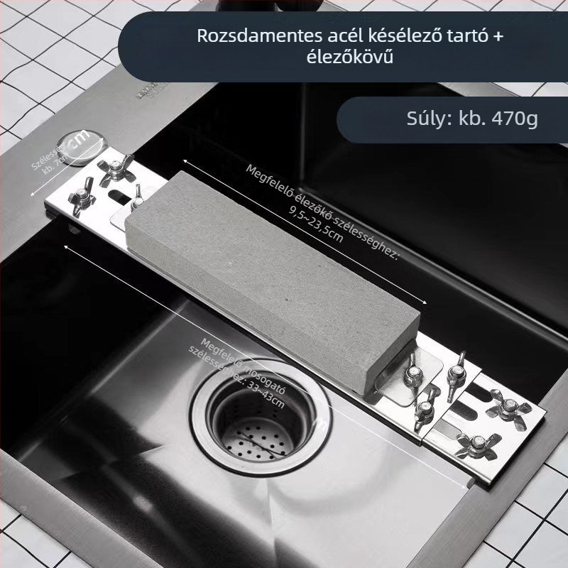 Rozsdamentes acélból készült késélező állvány, alapként szolgáló élező kővel, állítható, fix, extravastag konstrukció