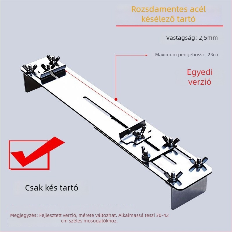 Rozsdamentes acélból készült késélező állvány, alapként szolgáló élező kővel, állítható, fix, extravastag konstrukció