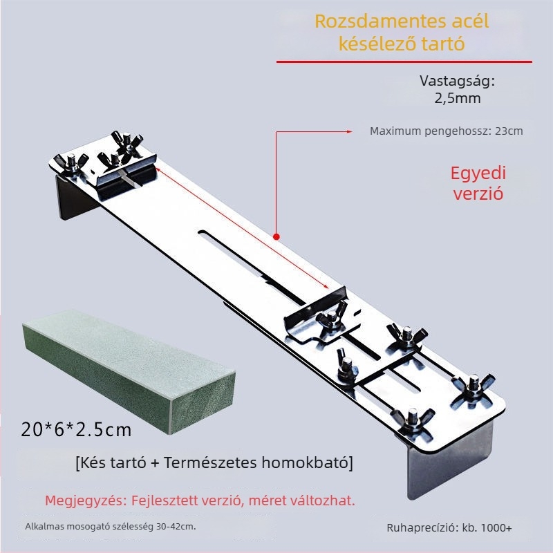 Rozsdamentes acélból készült késélező állvány, alapként szolgáló élező kővel, állítható, fix, extravastag konstrukció