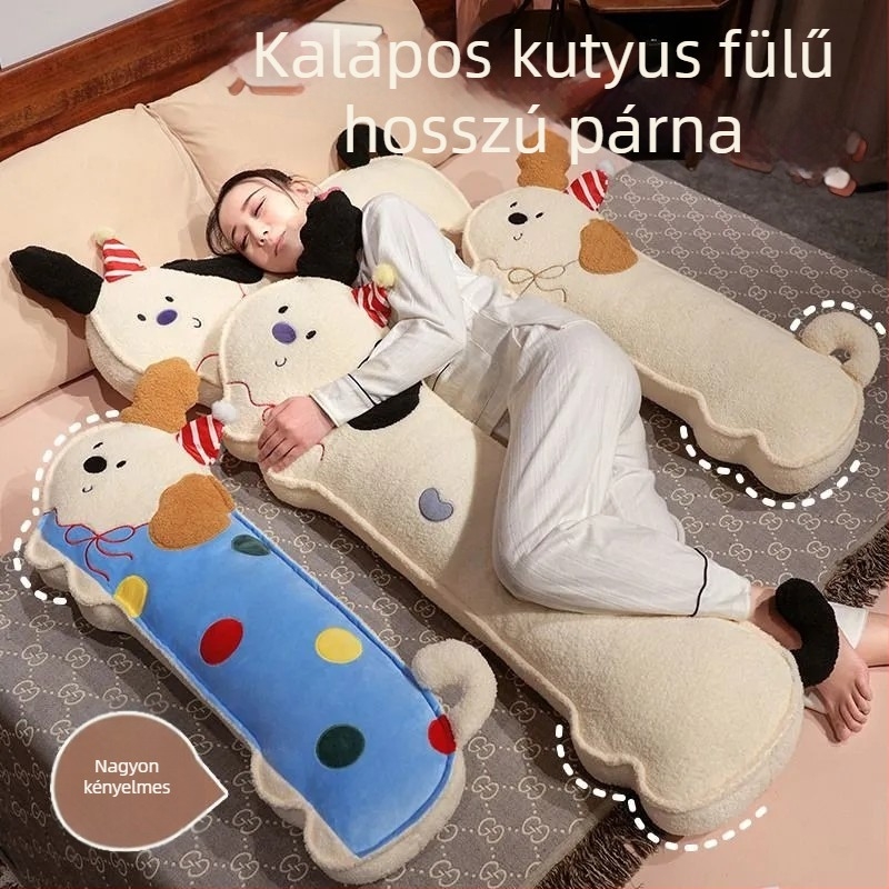 Hosszú pöttyös kutyás párna lányoknak, oldal-alvás közbeni láb-támasz és ágyéktámasz, textil borítás, PP pamut töltet