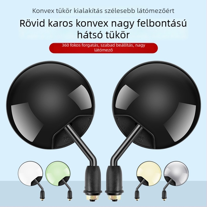 HD hátsó nézet tükör elektromos járművekhez – rövid kar, kör konvex tükör, 180°-ban állítható, 8 mm-es dupla lyukas rögzítés