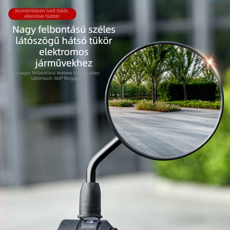 HD hátsó nézet tükör elektromos járművekhez – rövid kar, kör konvex tükör, 180°-ban állítható, 8 mm-es dupla lyukas rögzítés