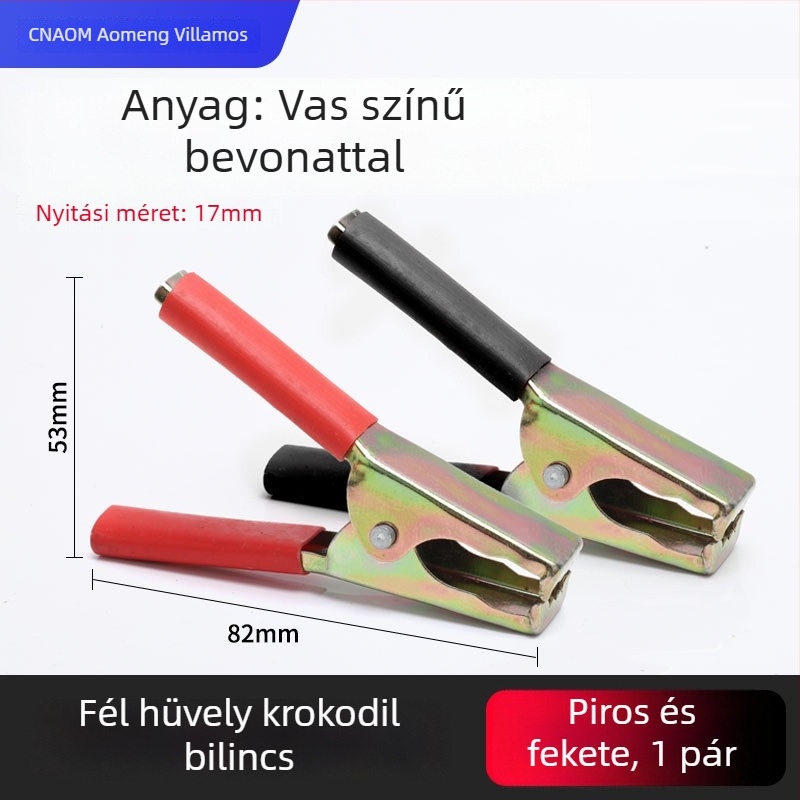 Tiszta rézből készült krokodilklipsz burkolattal az elektromos vezetékekhez és az autóakkumulátor teszteléséhez