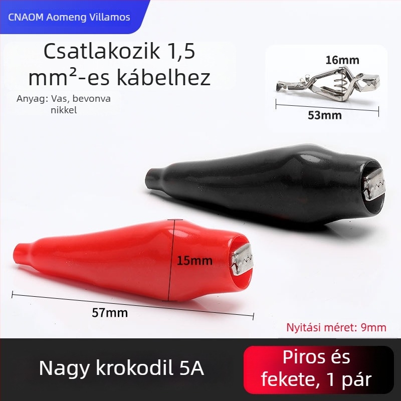 Tiszta rézből készült krokodilklipsz burkolattal az elektromos vezetékekhez és az autóakkumulátor teszteléséhez