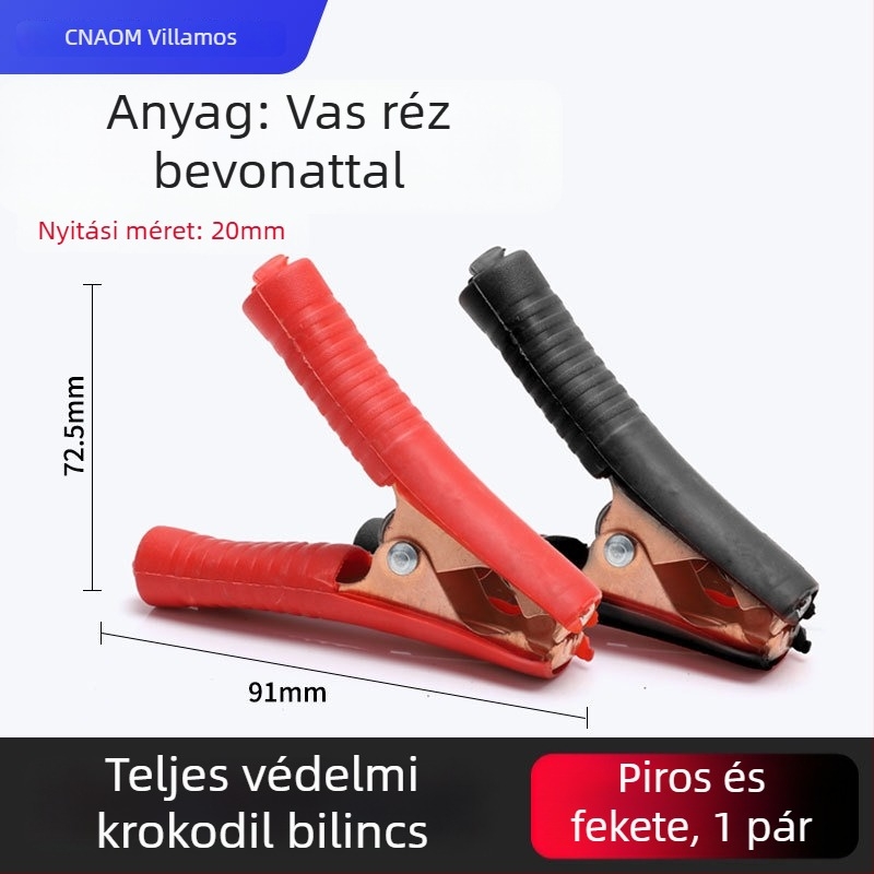 Tiszta rézből készült krokodilklipsz burkolattal az elektromos vezetékekhez és az autóakkumulátor teszteléséhez