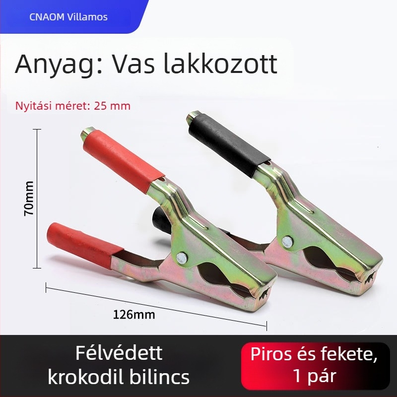 Tiszta rézből készült krokodilklipsz burkolattal az elektromos vezetékekhez és az autóakkumulátor teszteléséhez