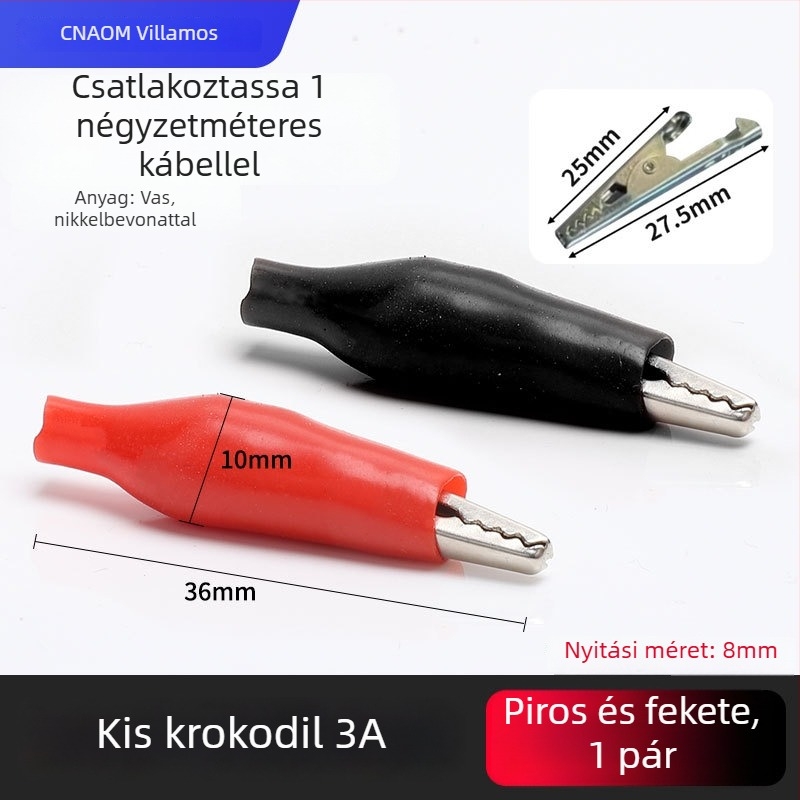 Tiszta rézből készült krokodilklipsz burkolattal az elektromos vezetékekhez és az autóakkumulátor teszteléséhez