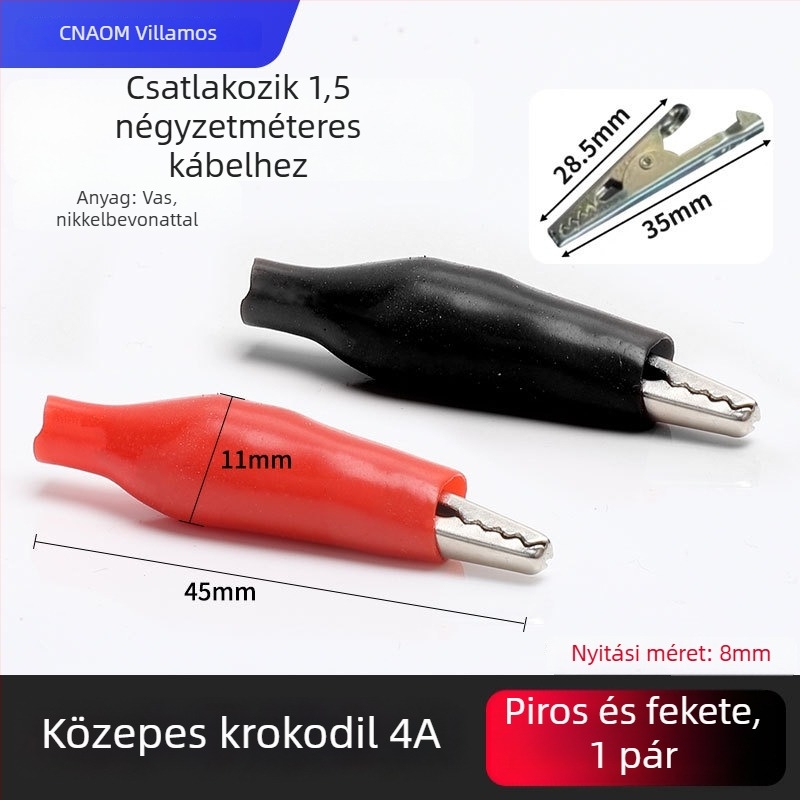 Tiszta rézből készült krokodilklipsz burkolattal az elektromos vezetékekhez és az autóakkumulátor teszteléséhez