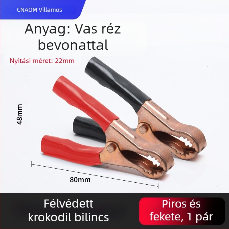 Tiszta rézből készült krokodilklipsz burkolattal az elektromos vezetékekhez és az autóakkumulátor teszteléséhez