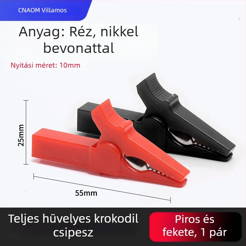 Tiszta rézből készült krokodilklipsz burkolattal az elektromos vezetékekhez és az autóakkumulátor teszteléséhez